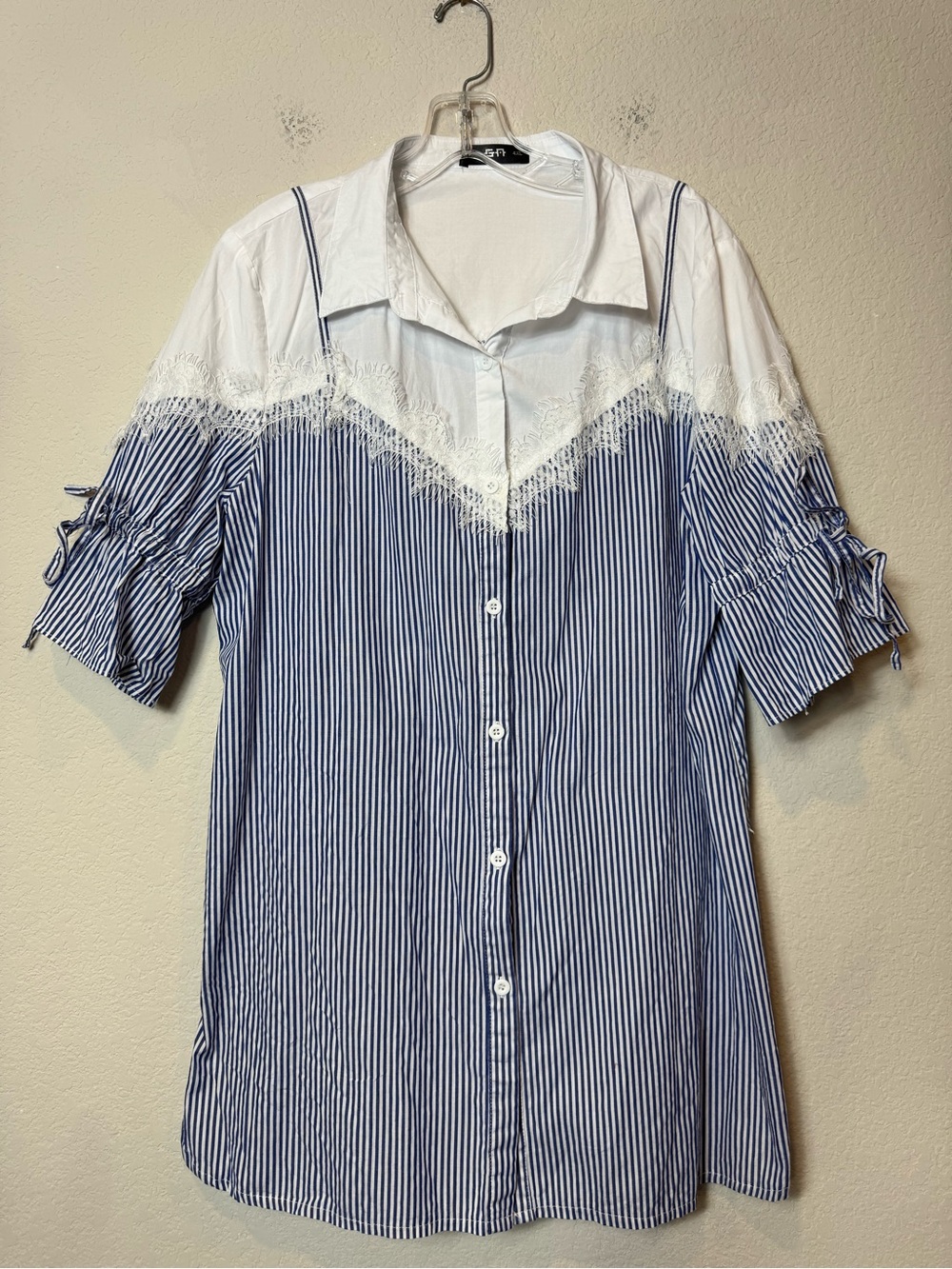 Korean 100% Cotton Striped Blue & White Lace Yoke Button-Down Mini Dress XL